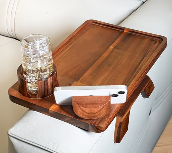 Couch Arm Tray Table with Cup Holder & Adjustable Phone Stand – Foldable…